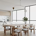 Modern Dining and Living Room Interior With Wooden Table Chairs Pendant Light And Large Windows