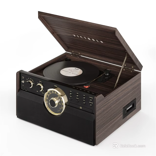 Vintage Wooden Record Player Speaker with Open Lid Control Knobs and Classic Design 3d model 