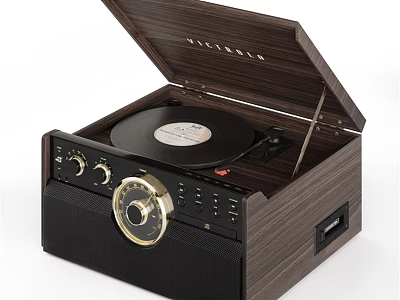 Vintage Wooden Record Player Speaker with Open Lid Control Knobs and Classic Design 3d model