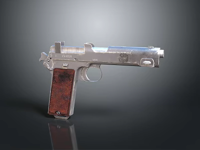 Silver Pistol With Red Textured Grip And Metallic Body Design Details 3d model