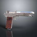 Silver Pistol With Red Textured Grip And Metallic Body Design Details