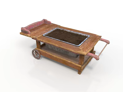 Vintage Wooden Wheelbarrow With Metal Tray Soil Red Handles And Wheels 3d model