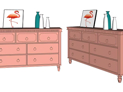 Pink Entryway Cabinet And Sideboard With Drawers Flamingo Painting And Vases 3d model