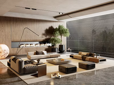 Modern Living Room Interior Featuring Sofa Coffee Table Set Fireplace And Green Plant 3d model