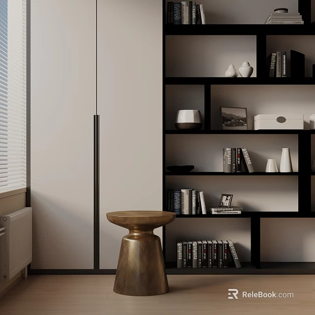 Brass Round Side Table Near Black Bookshelf With Books White Vases And Window Blinds 3d model 