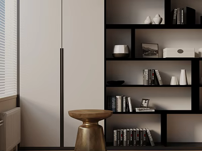 Brass Round Side Table Near Black Bookshelf With Books White Vases And Window Blinds 3d model