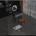 Modern Dressing Table with Round Mirror White Drawers Gold Handles and Yellow Stool