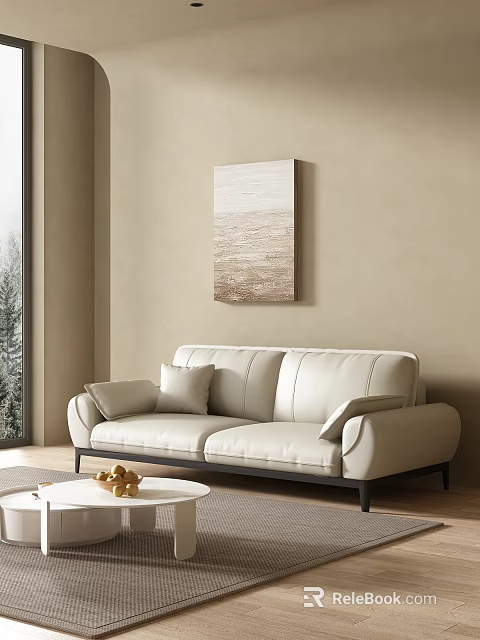 Modern Living Room Interior With White Leather Sofa Wall Art Round Coffee Table And Large Window 3d model 