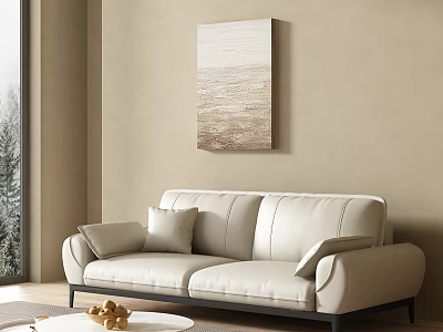 Modern Living Room Interior With White Leather Sofa Wall Art Round Coffee Table And Large Window 3d model