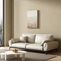 Modern Living Room Interior With White Leather Sofa Wall Art Round Coffee Table And Large Window