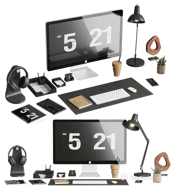 Workspace Desktop Setup With Headphones Keyboard Mouse Notebook Desk Lamp And Monitor 3d model 