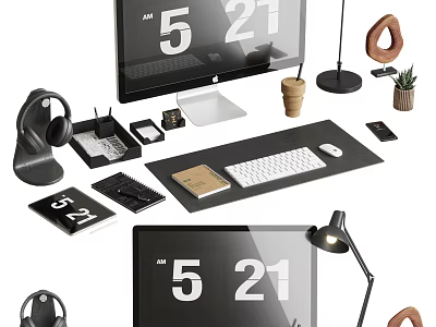 Workspace Desktop Setup With Headphones Keyboard Mouse Notebook Desk Lamp And Monitor 3d model