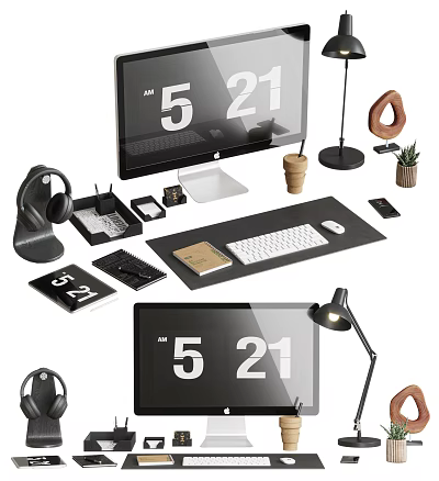 Workspace Desktop Setup With Headphones Keyboard Mouse Notebook Desk Lamp And Monitor 3d model