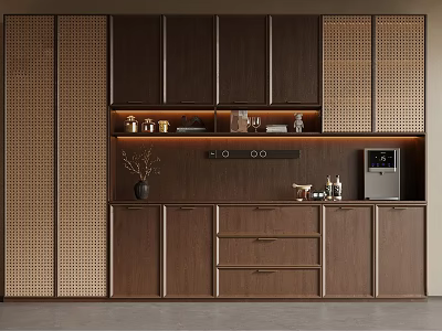 Modern Brown Wooden Wine Cabinet With Grille Doors LED Lighting And Storage Drawers 3d model
