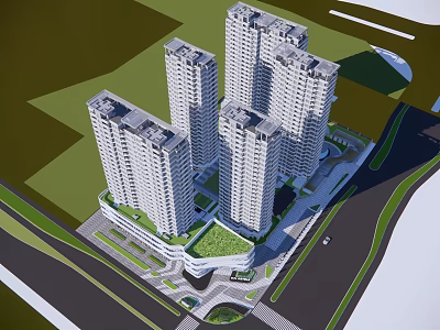 Modern High Rise Residential Buildings with Green Roofs and Surrounding Urban Roads 3d model