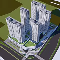 Modern High Rise Residential Buildings with Green Roofs and Surrounding Urban Roads