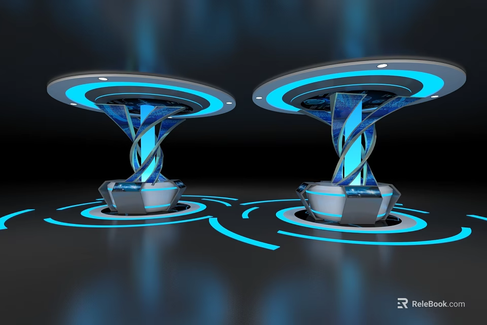 Futuristic Glowing Platforms With Blue Luminous Rings And Spiral Metallic Designs On Dark Background 3d model 