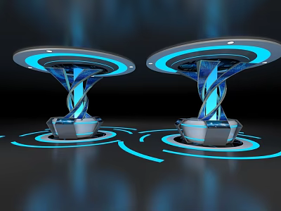 Futuristic Glowing Platforms With Blue Luminous Rings And Spiral Metallic Designs On Dark Background 3d model