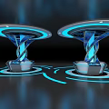 Futuristic Glowing Platforms With Blue Luminous Rings And Spiral Metallic Designs On Dark Background