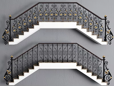 Elegant Staircase With Black Iron Railings Gold Decorations And White Steps 3d model