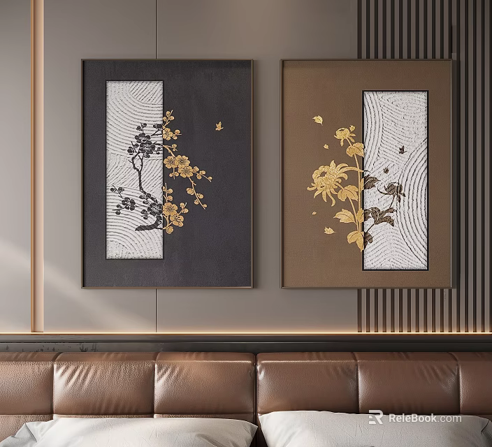 Abstract Paintings Featuring Golden Flowers On Black And Brown Backgrounds For Interior Wall Decor 3d model 