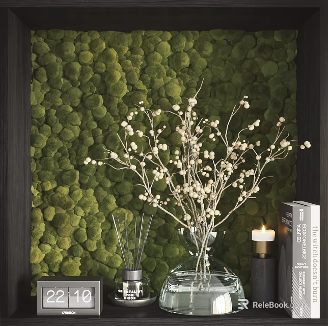 Decorative Ornaments Set with Green Moss Wall White Floral Branches Vase Diffuser Candle and Books 3d model 