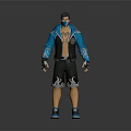 Masked 3D Character With Blue Jacket Black Patterned Shorts Wrist Guards And Blue Shoes