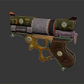 Vintage Mechanical Revolver Weapon With Green Metal Body And Gold Accent Details