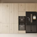 Light Wood Sideboard With Black Oven And Refrigerator In Modern Kitchen