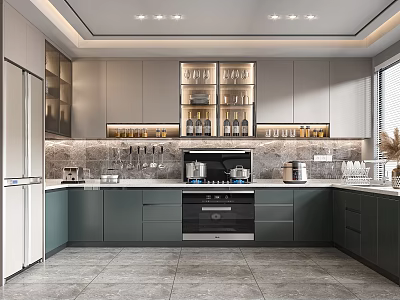 Modern Kitchen Interior With Gray Cabinets Marble Countertops And Glass Door Upper Storage 3d model