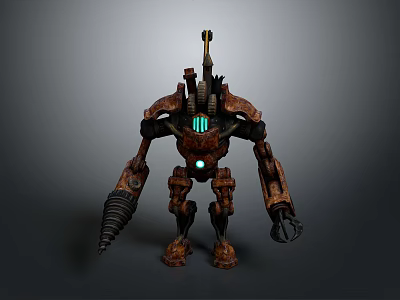 Sci Fi Mechanical Robot Character Featuring Rusty Metal Body Green Glowing Lights And Head Antenna 3d model