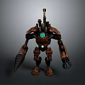Sci Fi Mechanical Robot Character Featuring Rusty Metal Body Green Glowing Lights And Head Antenna