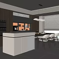Modern Restaurant Interior With Open Kitchen Dark Gray Cabinets White Island And Gold Accents