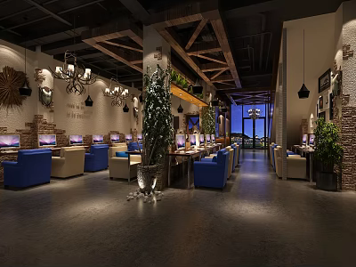Modern Internet Cafe Interior Design With Wooden Beams Chandeliers Computers Blue Sofas And Green Plants 3d model