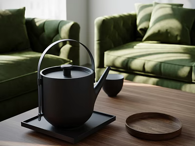 Stylish Black Tea Set With Teapot Teacup And Tray On Wooden Table With Green Sofas 3d model