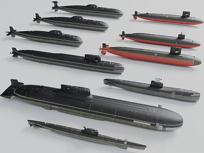 Different Military Submarines Models With Black And Red Color Designs 3d model
