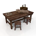 Rustic Wooden Table With Coiled Ropes Wooden Box And Two Stools 3d model