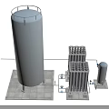 Industrial Equipment System With Tall Cylindrical Tank Rectangular Units Base Platform And Connecting Pipes