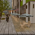 Evening Lit Commercial Street with Outdoor Dining White Umbrellas Trees and Pedestrians