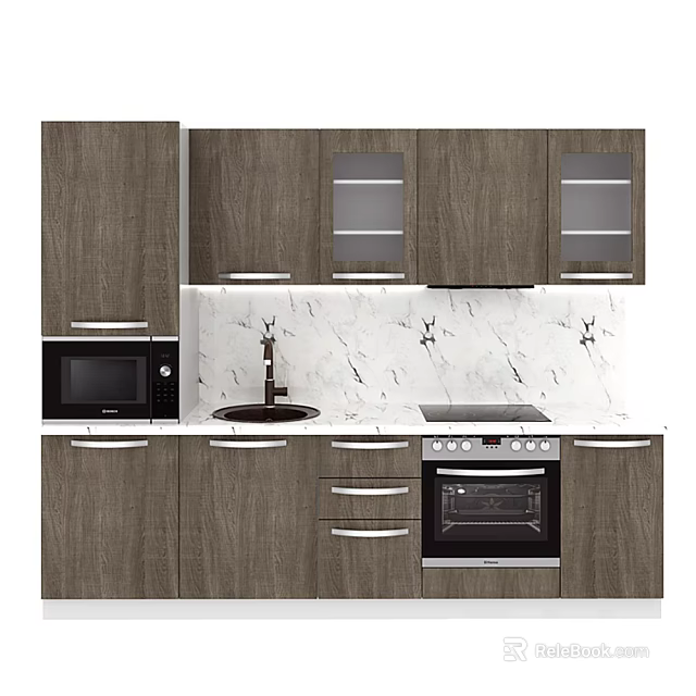 Modern Gray Kitchen Interior With Wooden Cabinets Marble Countertop And Appliances 3d model 