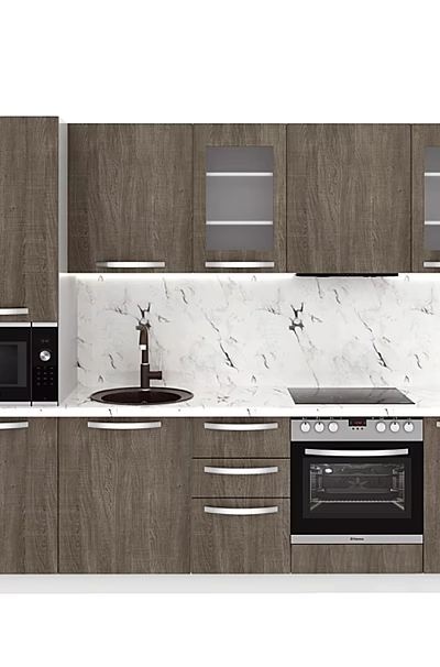 Modern Gray Kitchen Interior With Wooden Cabinets Marble Countertop And Appliances 3d model