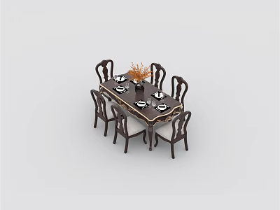 Dark Wooden Rectangular Dining Table Set With Six Chairs Decorative Vase And Tableware 3d model