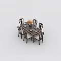 Dark Wooden Rectangular Dining Table Set With Six Chairs Decorative Vase And Tableware