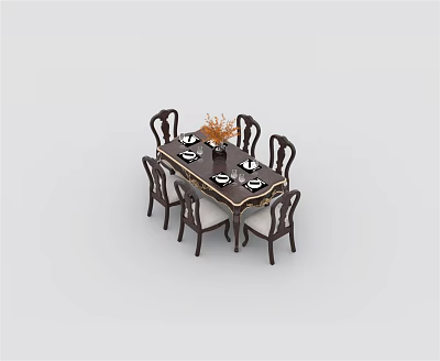 Dark Wooden Rectangular Dining Table Set With Six Chairs Decorative Vase And Tableware 3d model
