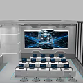 Modern Monitoring Room Interior With Large Control Screen Workstations And Ergonomic Chairs