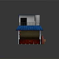 Cartoon Scene of Japanese Ramen Shop with Blue Roof White Building and Red Gas Cylinder