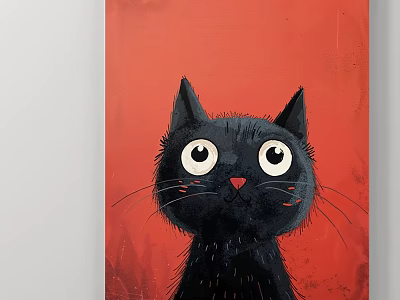 Adorable Black Cat Painting With Big Eyes Red Nose On Splattered Red Background 3d model