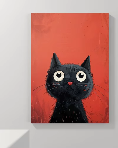 Adorable Black Cat Painting With Big Eyes Red Nose On Splattered Red Background 3d model