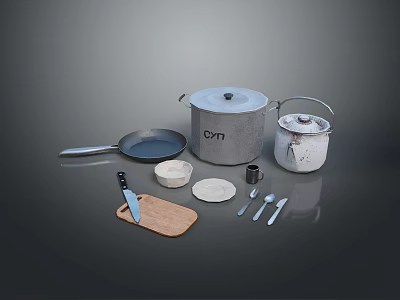 Essential Household Kitchen Items With Pots Frying Pan Knife Cutting Board And Utensils 3d model