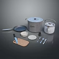 Essential Household Kitchen Items With Pots Frying Pan Knife Cutting Board And Utensils